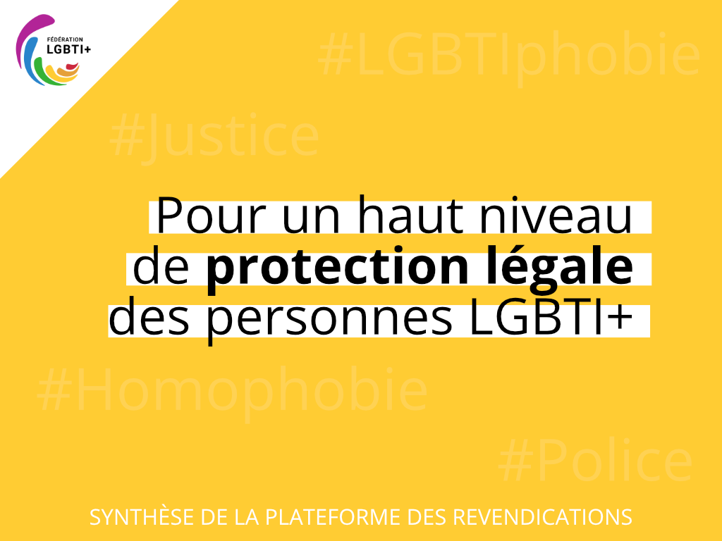 Sur fond jaune, on peut lire plusieurs hashtags : LGBTIphobie, Justice, homophobie, police. La revendication est : pour un haut niveau de protection légale des personnes LGBTI+